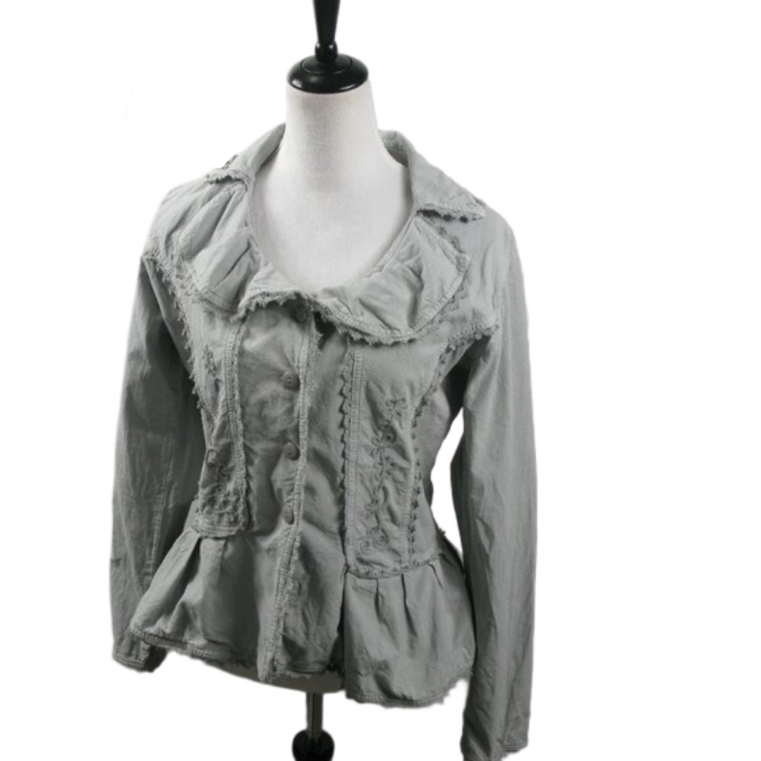 Scully Gray Embroidered Wide Collar Cotton Blazer Size Medium